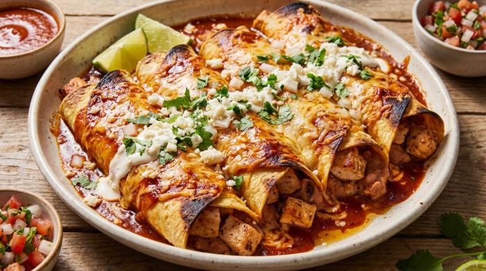 A baking dish filled with hot, cheesy chicken enchiladas.