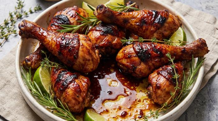 Sticky stovetop balsamic chicken drumsticks on a plate, gleaming with a thick dark glaze.