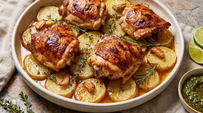 Rotisserie-flavored chicken roasted over creamy potato gratin in a large skillet.