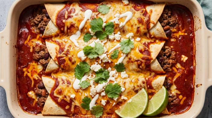 A baking dish full of beef enchiladas smothered in red sauce and melted cheese.