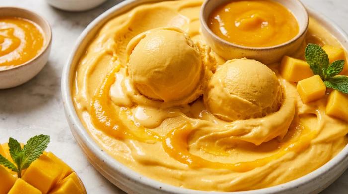 Perfectly scoopable homemade mango ice cream served in a bowl