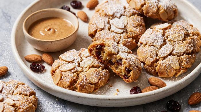 Overhead view of chewy Italian almond cookies on a serving platter.