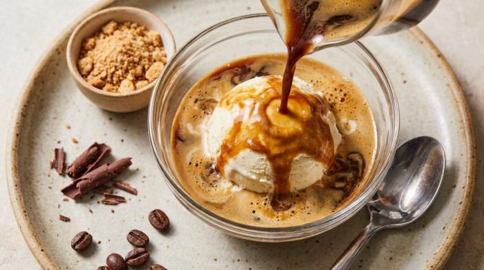 A close-up shot showing vanilla ice cream melting into dark espresso in a glass.