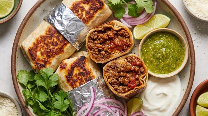 Sliced beef burrito showing layers of seasoned beef, rice, beans, and fresh vegetables.