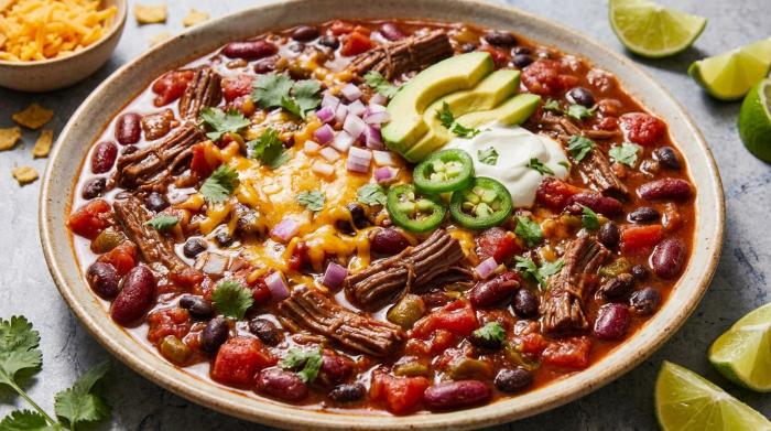 A close-up view of a bowl of thick shredded beef chili topped with cheese and sour cream