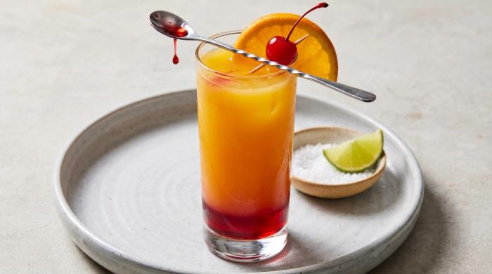 A vibrant red and orange layered Tequila Sunrise cocktail with an orange slice and cherry garnish.