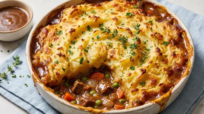 Close-up of a serving of cottage pie showing the rich beef filling and fluffy potato topping.