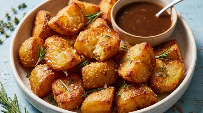 Close up of a highly textured, crunchy, golden brown roasted potato.