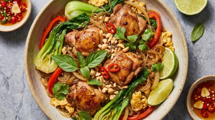 Close-up shot of Thai glass noodle stir fry highlighting the transparent noodles.