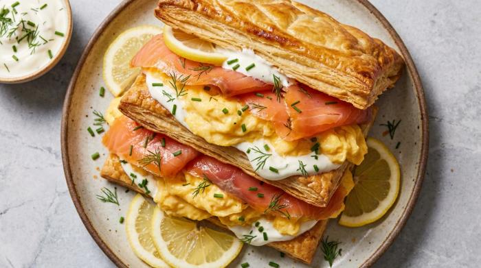 A flaky puff pastry sandwich filled with soft scrambled eggs, smoked salmon, and crème fraîche.