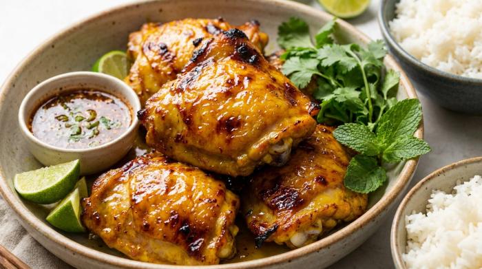 Thai turmeric chicken thighs arranged on a platter.