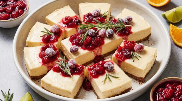 A large rectangular no-bake cheesecake topped with whipped cream, berries, and rosemary.