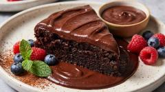 Whole chocolate fudge cake topped with swirled ganache frosting