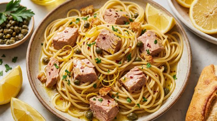 A bowl of glossy spaghetti tossed with chunks of tuna, capers, and fresh parsley.