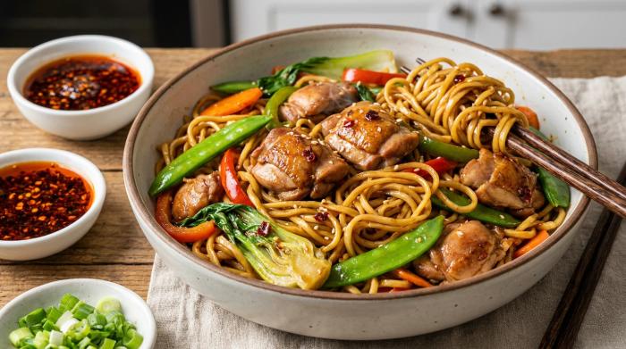Plated Chow Mein garnished with fresh scallions.