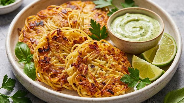 Crispy leftover pasta fritters stacked on a plate.