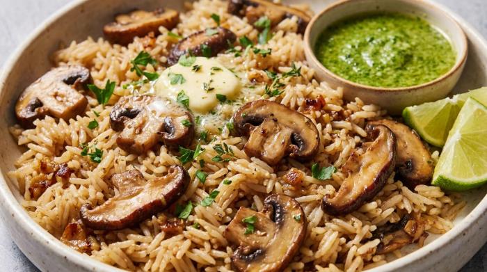 Overhead view of fluffy mushroom rice served in a large ceramic bowl.