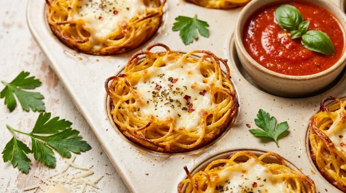 Crispy Cheesy Spaghetti Nests Baked in a Muffin Tin