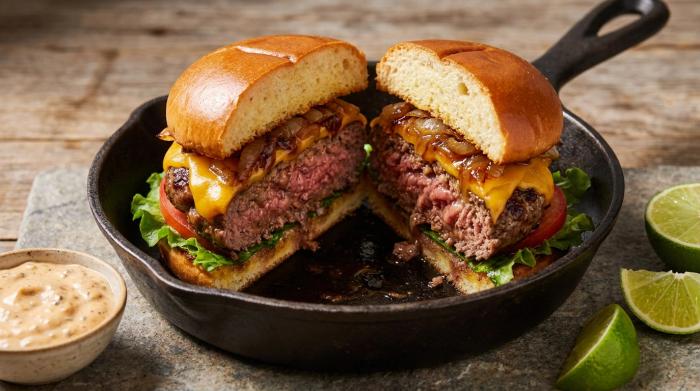 A fully assembled, juicy homemade hamburger with melted cheese.