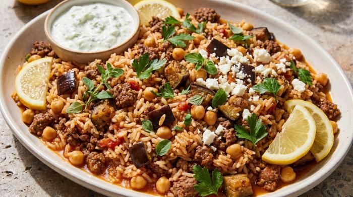 A bowl of moussaka beef rice pilaf topped with fresh parsley