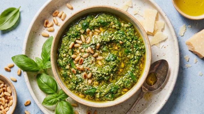 A bowl of freshly made basil pesto.