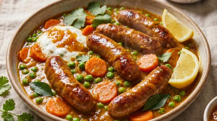 A bowl of thick curried sausage gravy with chunks of sausage, peas, and carrots over mashed potatoes.