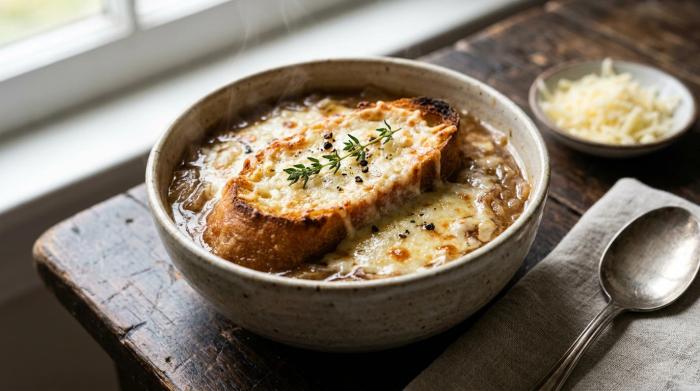 Close-up of golden French onion soup with melted cheese toast.