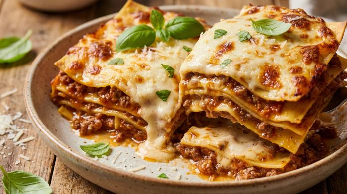 A whole baked lasagna in a baking dish showing a browned cheese topping.