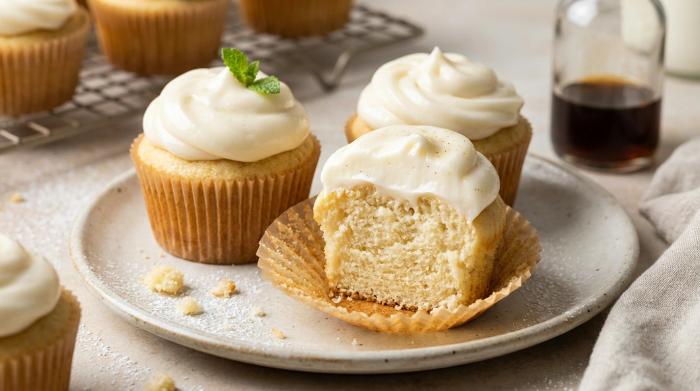 A frosted vanilla cupcake with a bite taken out to show the interior texture.