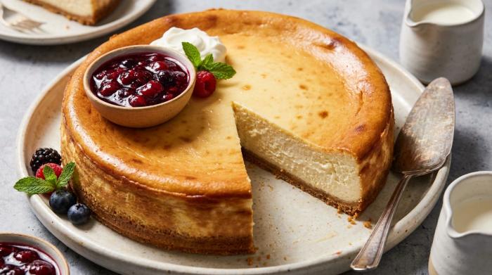 Whole classic baked cheesecake garnished with fresh berries and icing sugar