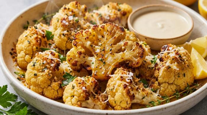 Roasted cauliflower served in a bowl.