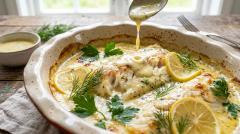 Baked white fish topped with a lemon cream sauce and fresh parsley.