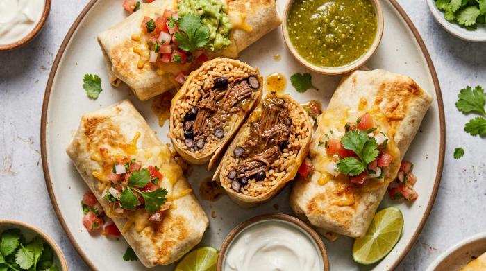 Halved shredded beef burritos stacked on a wooden board.