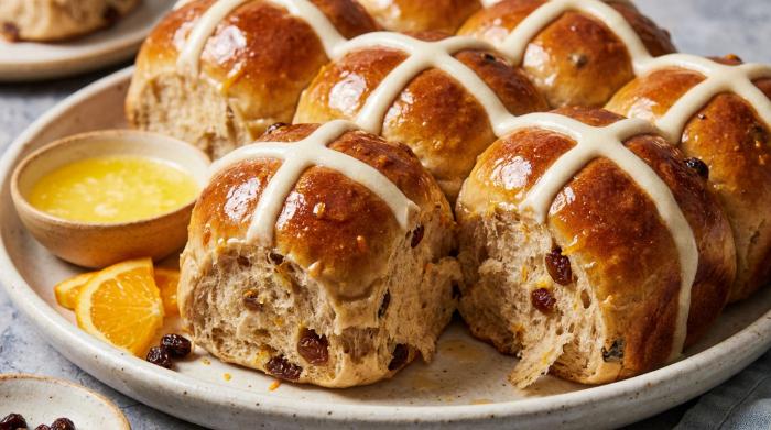 A stack of glossy hot cross buns.