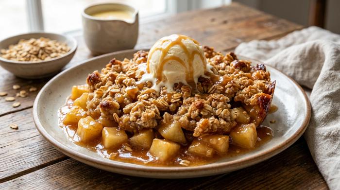 Freshly baked apple crumble in a baking dish showing a golden crust.