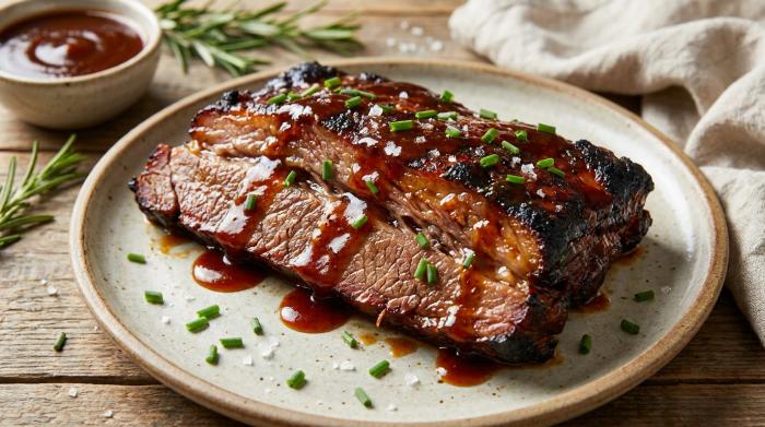 A glistening, slow-cooked beef brisket glazed with thick barbecue sauce.