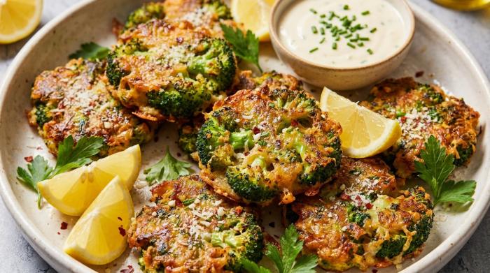 A stack of freshly cooked Parmesan garlic broccoli fritters.