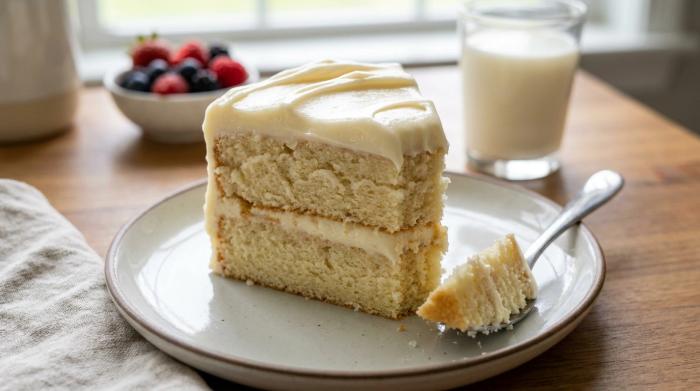 A slice of soft vanilla cake showing an even crumb
