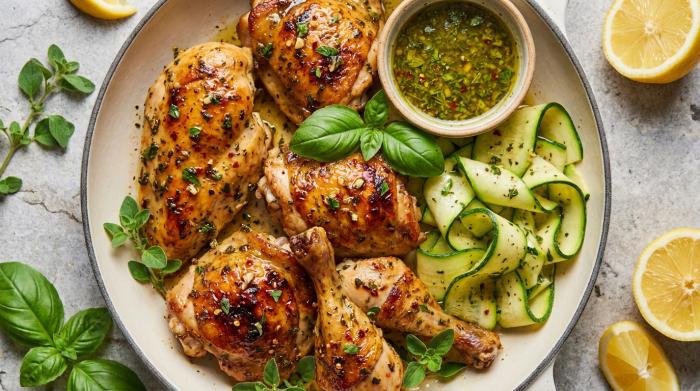 Plated Italian marinated chicken alongside a fresh zucchini salad.