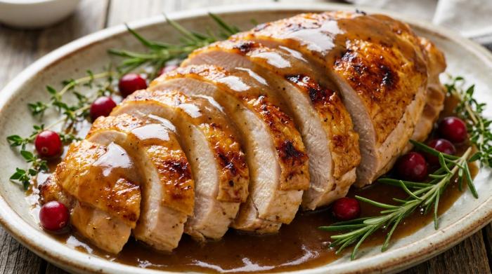 Golden brown slow cooker turkey breast on a platter ready to be carved.