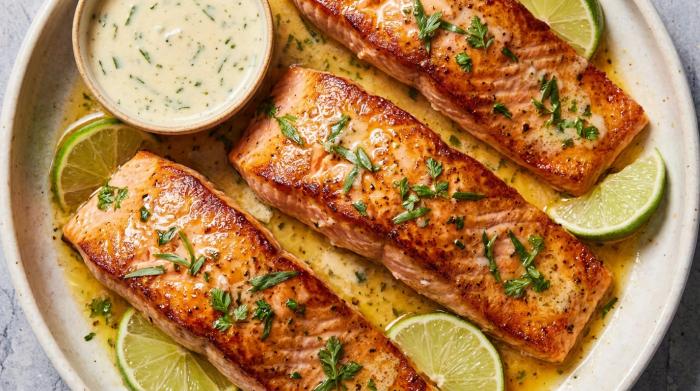 Pan-seared salmon fillet topped with creamy herb sauce