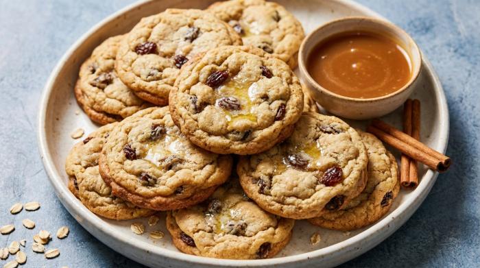 A stack of thick, golden oatmeal raisin cookies on a flat surface.
