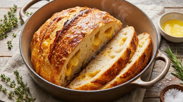 A round loaf of freshly baked crusty bread heavily topped with melted, browned cheese