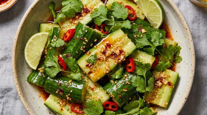 Smashed cucumber salad in a bowl ready to eat