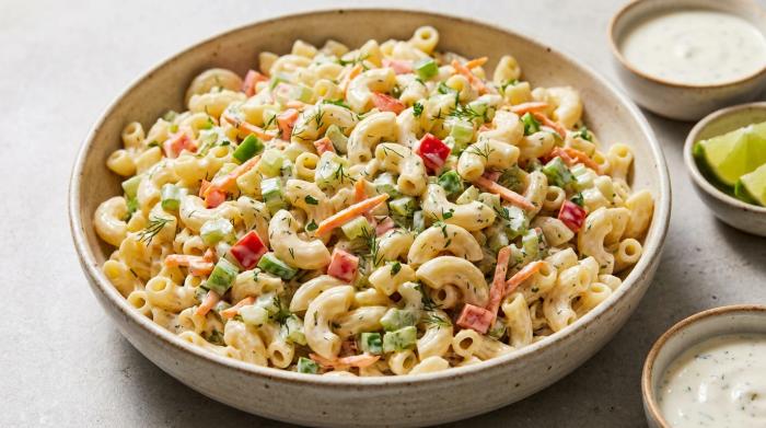 A close up view of a creamy macaroni salad mixed with diced red peppers, celery, and shredded carrots.