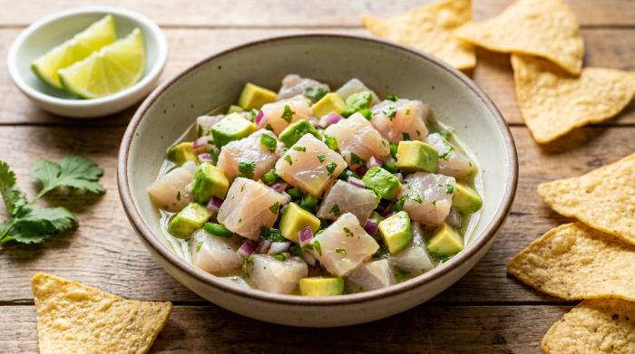A close-up view of fresh fish ceviche mixed with avocado, jalapeño, and red onion.