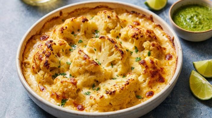 Golden baked cauliflower cheese in a ceramic baking dish