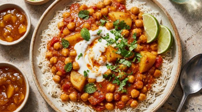 A warm bowl of chickpea and potato curry topped with fresh herbs