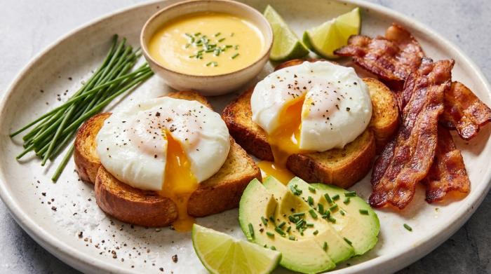 Sliced poached egg on toast with liquid yolk oozing out