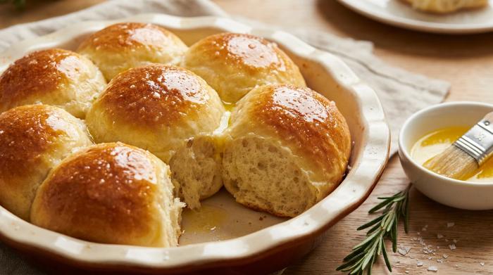 A baking tray filled with twelve perfectly baked, golden no-knead dinner rolls.